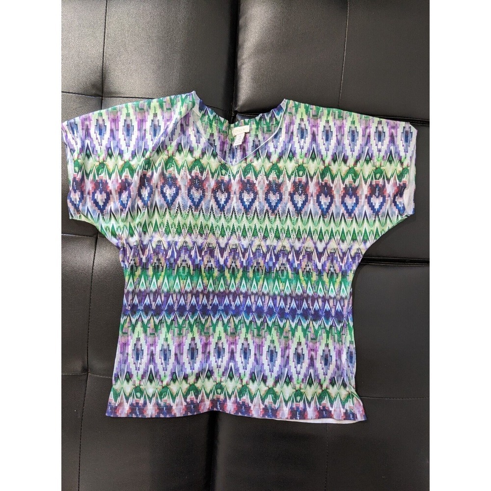 Chicos Women's Multicolor Print Embellished‎ Short Sleeve Made in USA 1